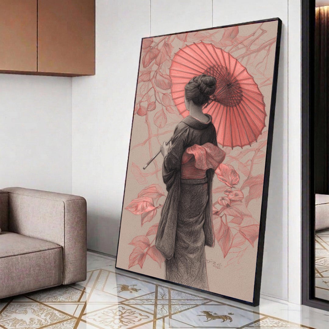 Elegant Geisha With Red Umbrella Canvas, Japanese Kimono Art, Asian ...