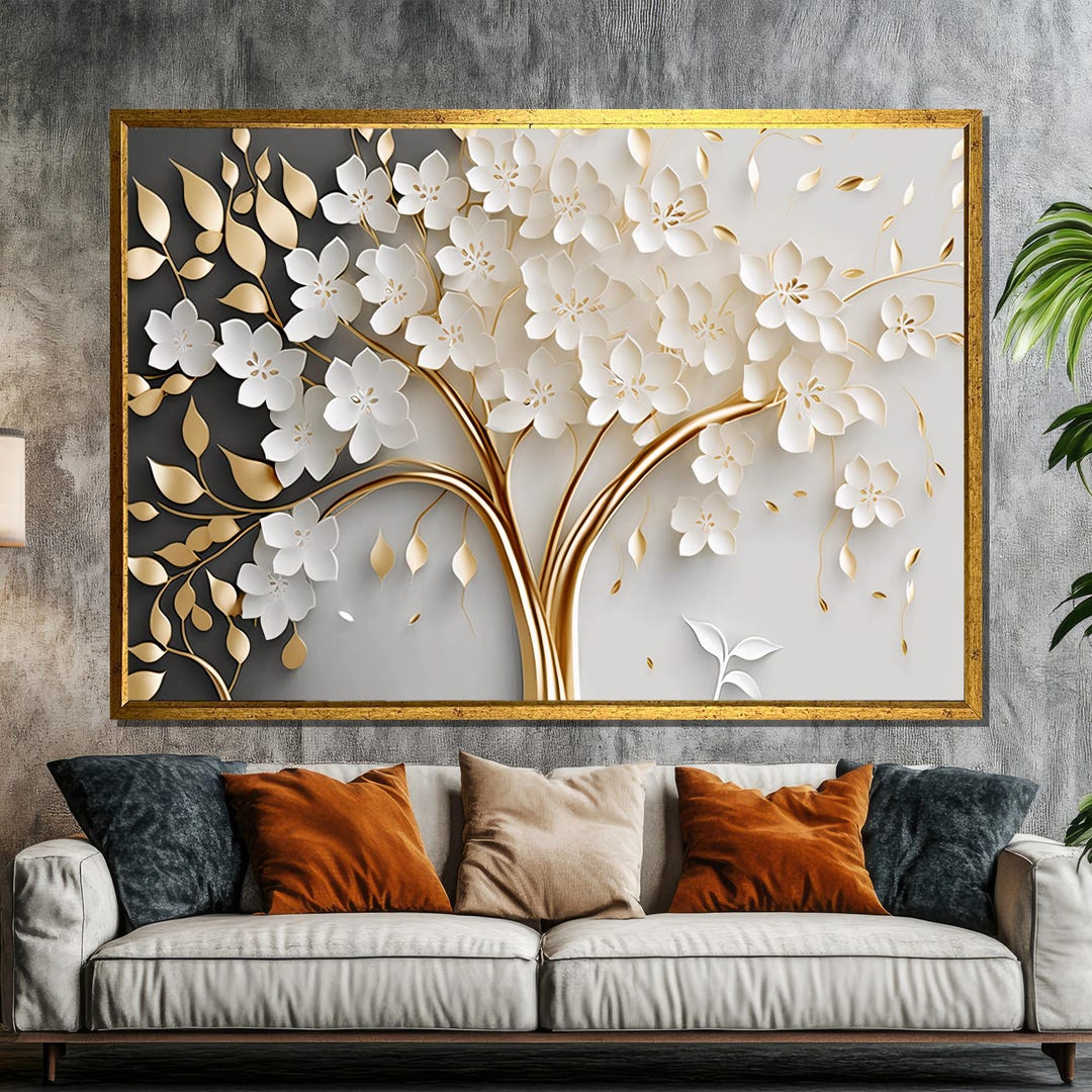 Gold and White Floral Tree Canvas Painting Gift, Luxury Wall Art Decor ...