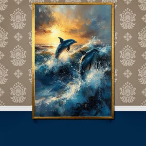 May include: Two dolphins leap out of the water, their bodies silhouetted against a bright orange sunset. The water is a deep blue, with whitecaps and splashes of foam. The dolphins are in mid-air, their tails curved and their fins outstretched.