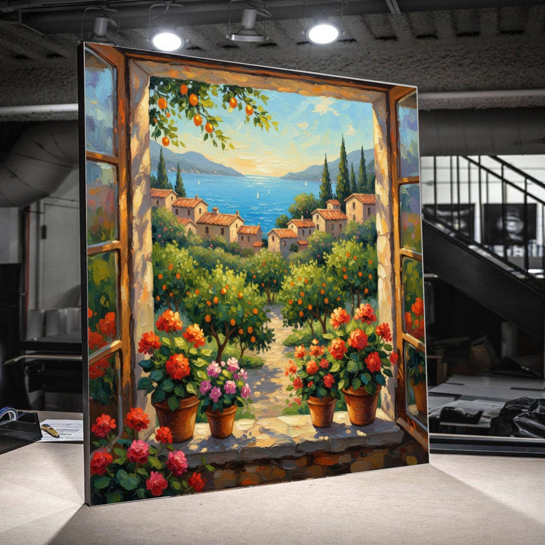 Mediterranean Coastal Village View Canvas, Open Window Orange Tree Art ...