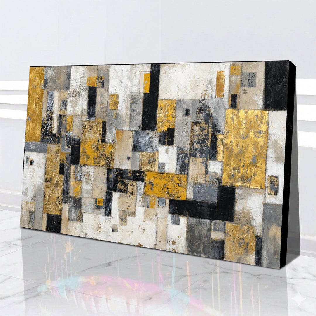 Modern Abstract Geometric Canvas, Gold Black Grey Wall Art ...
