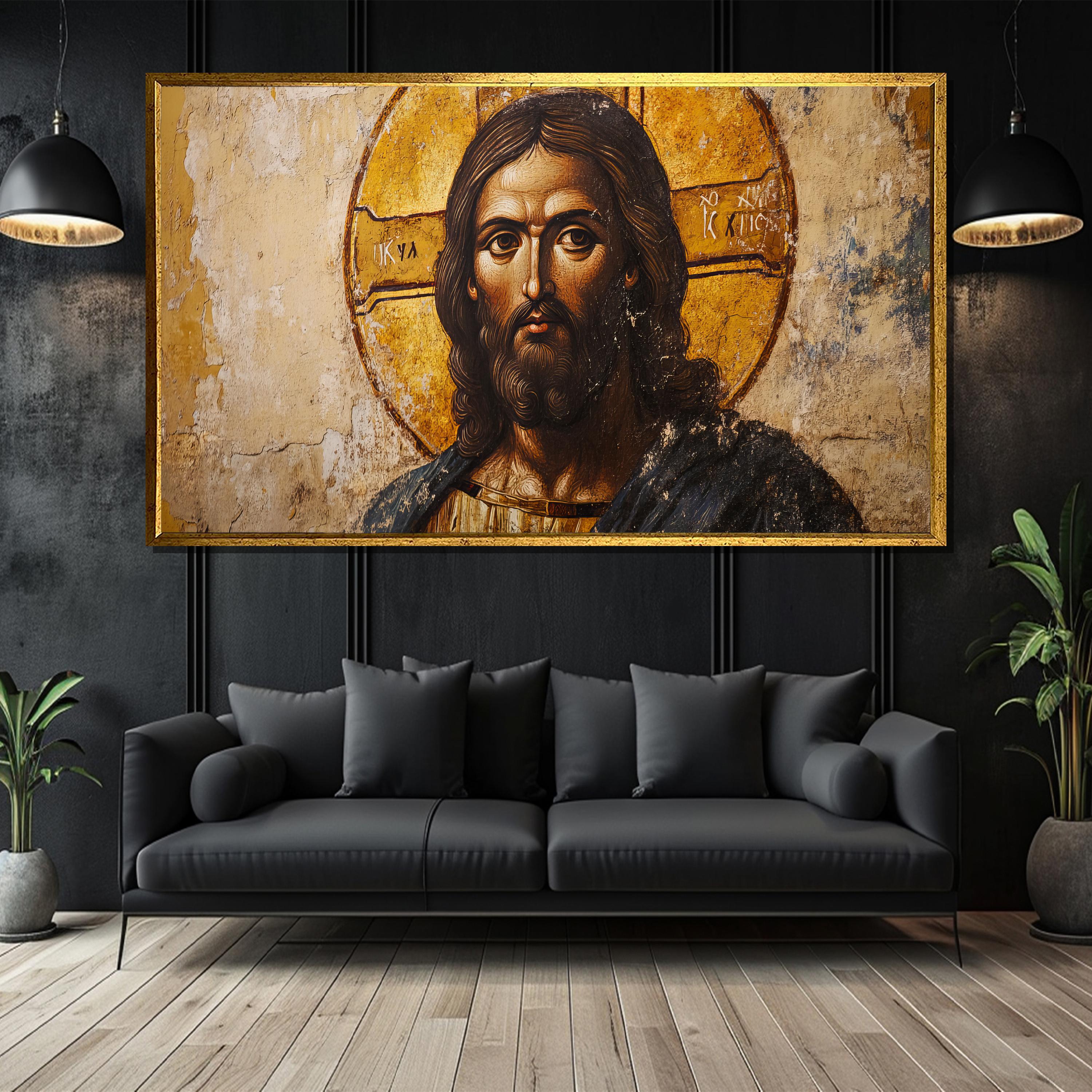 Byzantine Icon Portrait of Jesus Christ with Golden Halo on Aged Wall Canvas Painting Gift for Timeless Spiritual Home Décor