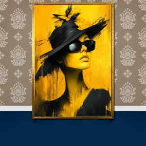 Cuadro moderno de mujer amarilla en lienzo, retrato de sombrero negro audaz, arte mural, decoración de moda contemporánea, regalo para ella