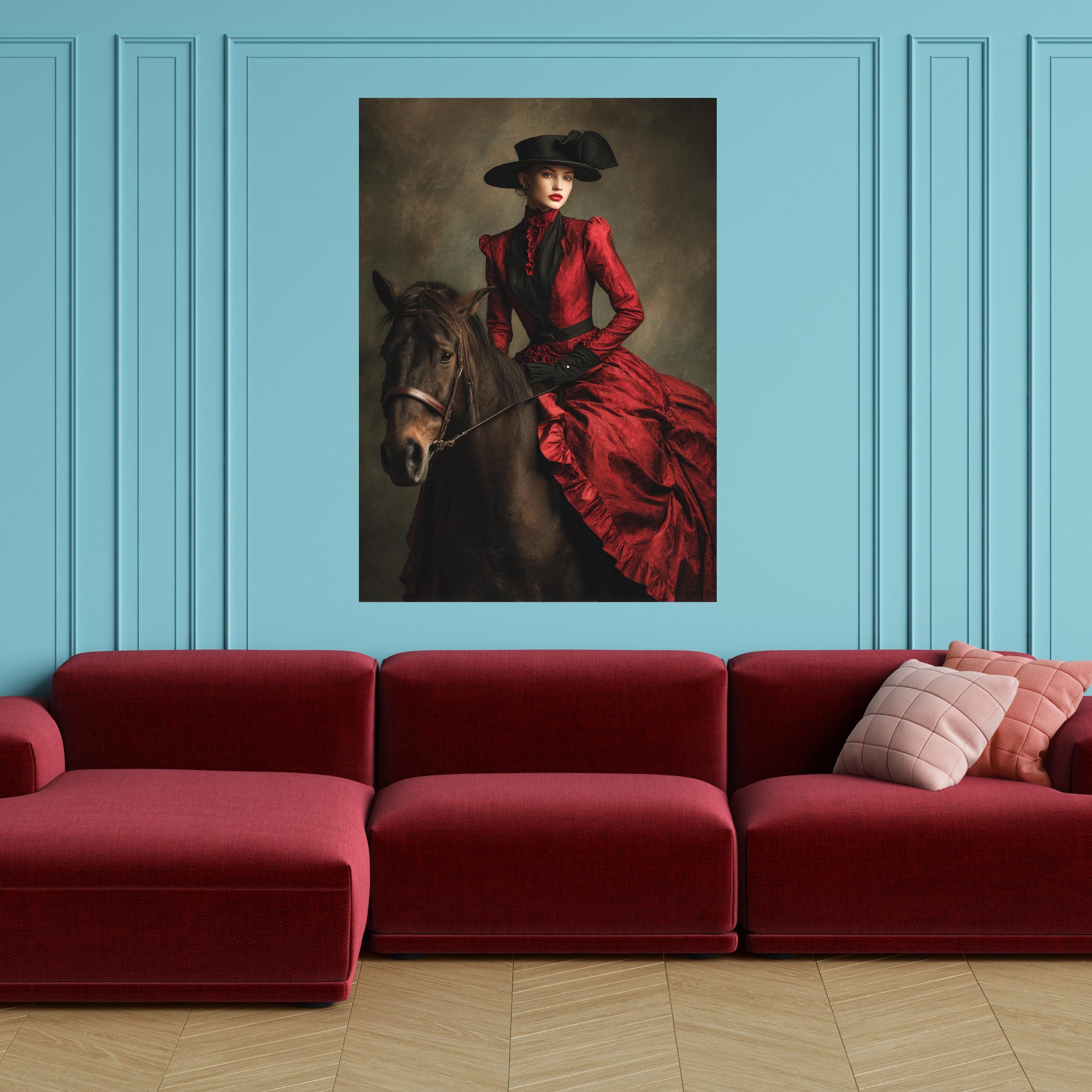 Victorian Woman in Red Dress Riding Horse Canvas, Elegant Equestrian ...