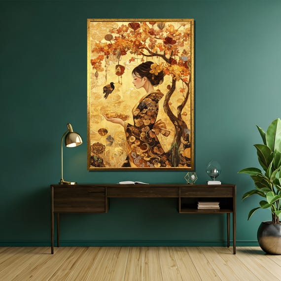 Golden Kimono Woman Canvas Painting, Elegant Japanese Art Gift