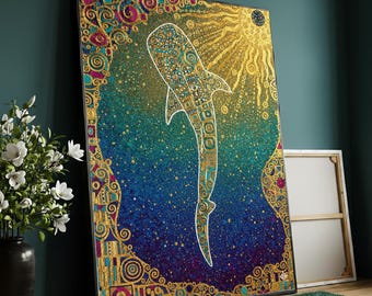 Golden patterned whale shark swimming in radiant sunlit ocean, Klimt- mystical marine life canvas wall art for unique décor