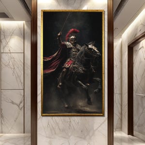 Roman Legionary on Black War Horse – Epic Ancient Warrior Canvas Painting for Historical and Battle Art Gift