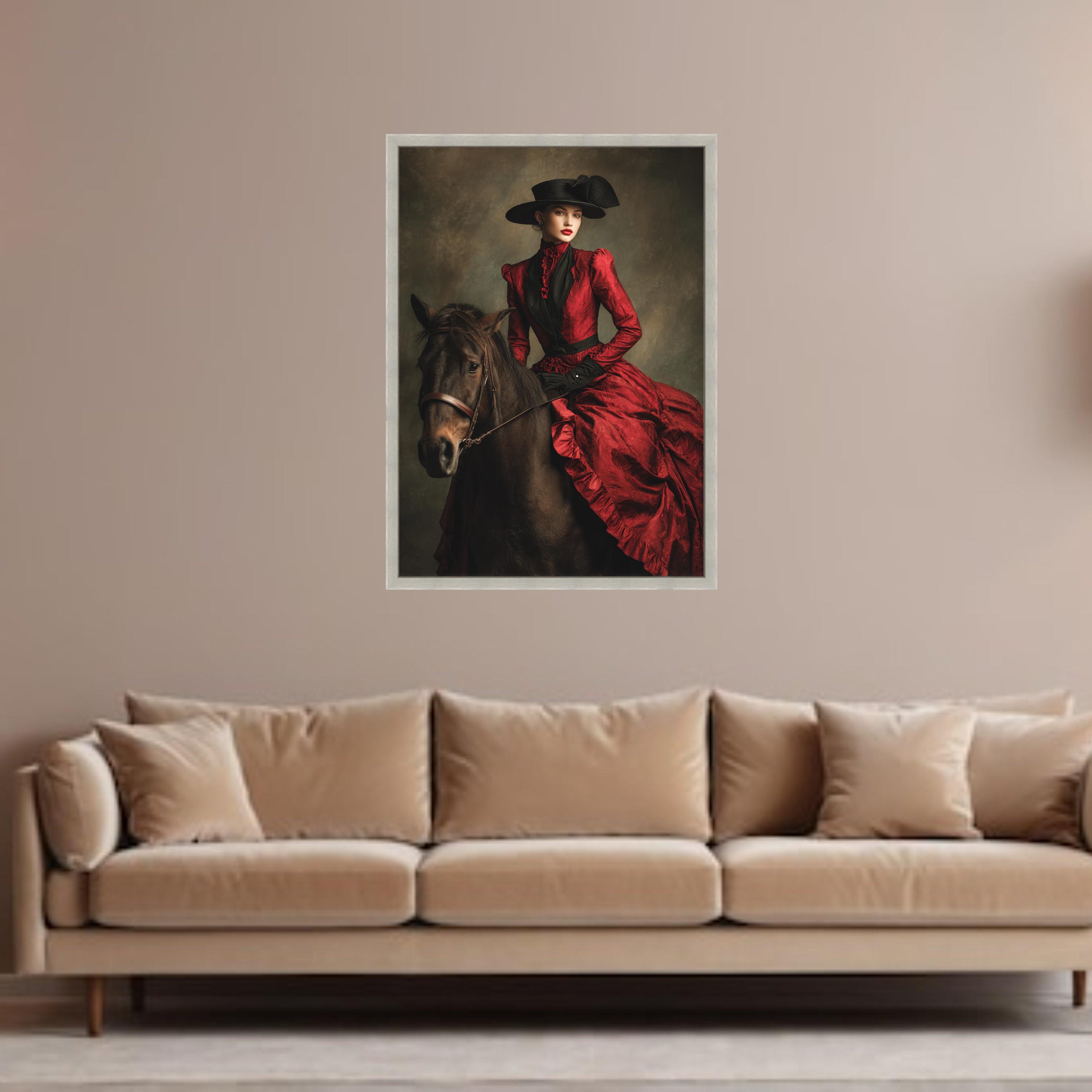 Victorian Woman in Red Dress Riding Horse Canvas, Elegant Equestrian ...