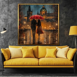 Couple Strolling Under Red Umbrella - Romantic Evening Cityscape Canvas Painting, Rainy Night Wall Art Gift, Love Scene Urban Decor