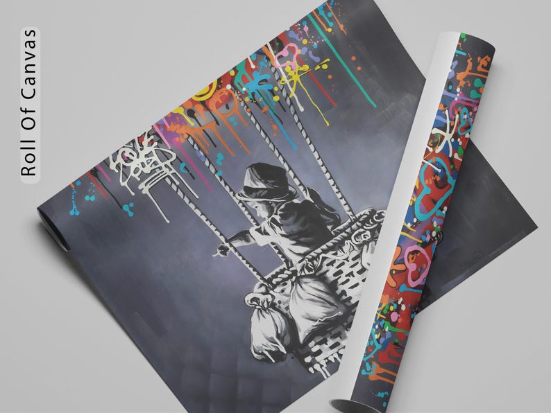 May include: A black and white painting of a child on a swing, with colourful paint splatters in the background. The child is wearing a hooded jacket and holding onto the ropes of the swing. The swing is suspended from a hot air balloon.