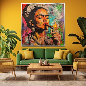 May include: A colorful, abstract painting of a woman with a cigarette in her mouth. The woman is wearing a crown of flowers and a necklace. The background is a mix of colors and textures.