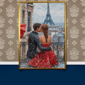 Pintura en lienzo de beso en el balcón de París, pareja romántica con vistas a la Torre Eiffel, escena de amor apasionada con paraguas rojos, regalo perfecto para los amantes