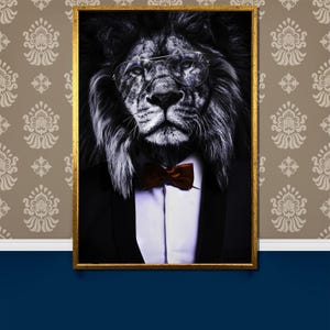 Elegant Lion Canvas Painting in Suit and Glasses | Majestic Animal Portrait Wall Art Gift | Refined Black & White Home Decor for Style
