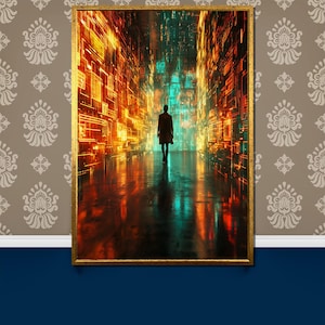 Cyberpunk Cityscape Canvas, Futuristic Neon Sci-Fi Art, Digital Tech Wall Decor, High-Tech Cyber Grid Print, Dystopian Gift