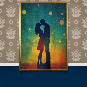 Romantic Silhouette Couple Canvas Painting, Starry Night Background Love Scene, Couple Hugging Art Gift, Modern Love Wall Decor for Romance