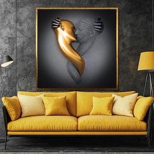 Golden Kiss Abstract Canvas Painting - Symbolic Lovers Embrace Wall Art, Contemporary Romantic Home Decor, Unique Gift for Couples