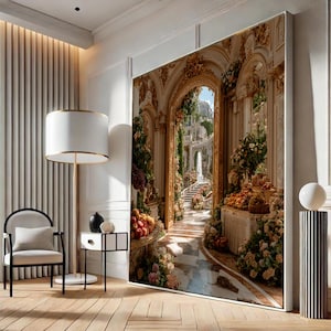 Verzierte Gartentorbogen-Leinwand, luxuriöse Blumenkorridor-Wandkunst, eleganter barocker Innendruck, klassische Gartenweg-Leinwand, fertig zum Aufhängen Bild 1