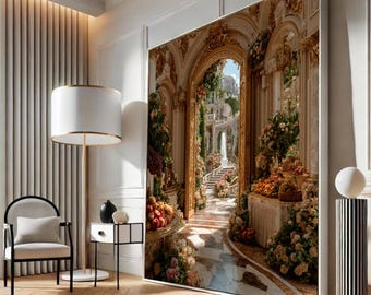 May include: A large framed canvas print depicting an ornate architectural scene with a pathway leading to a fountain and staircase. The artwork features a color palette of gold, beige, and various fruits and flowers. A white floor lamp and chair are in the foreground.