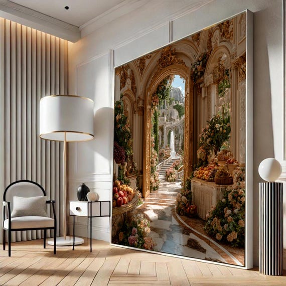 Ornate Garden Archway Canvas, Luxurious Floral Corridor Wall Art, Elegant Baroque Interior Print, Classic Garden Path Canvas, Ready to Hang