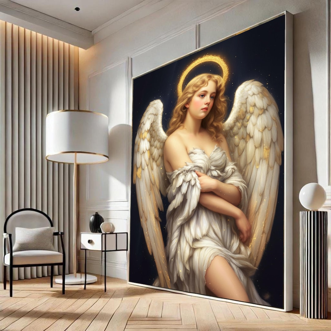 Ethereal Angel With Golden Halo Canvas, Feathered Wings Wall Art ...
