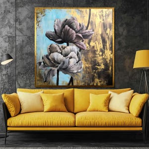 Modern Floral Canvas Painting with Gold and Teal Accents - Elegant Flower Wall Art for Contemporary Home Decor, Perfect Gift for Art Lovers