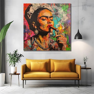 May include: A colorful, abstract painting of a woman with a cigarette in her mouth. The woman is wearing a crown of dollar bills and a necklace. The background is a collage of dollar bills and other abstract shapes.