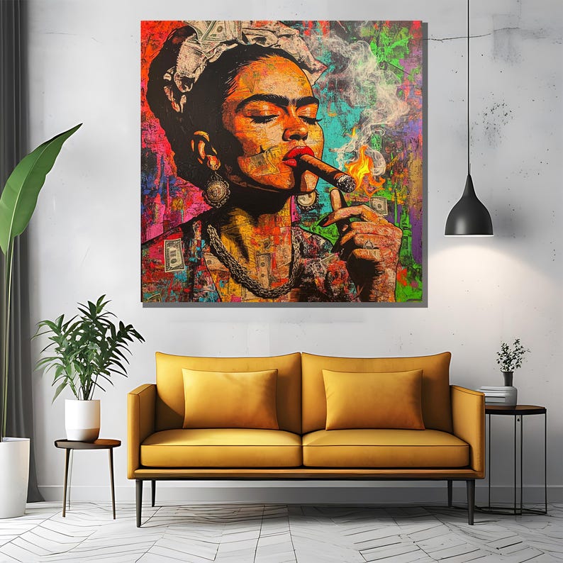 May include: A colorful, abstract painting of a woman with a cigarette in her mouth. The woman is wearing a crown of dollar bills and a necklace. The background is a collage of dollar bills and other abstract shapes.
