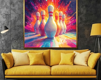 Colorful Bowling Canvas Painting, Striking Pins Wall Art, Game