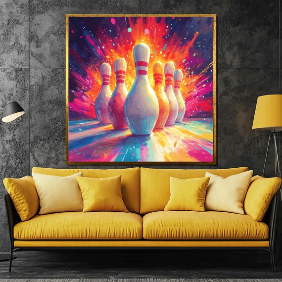 Colorful Bowling Canvas Painting, Striking Pins Wall Art, Game
