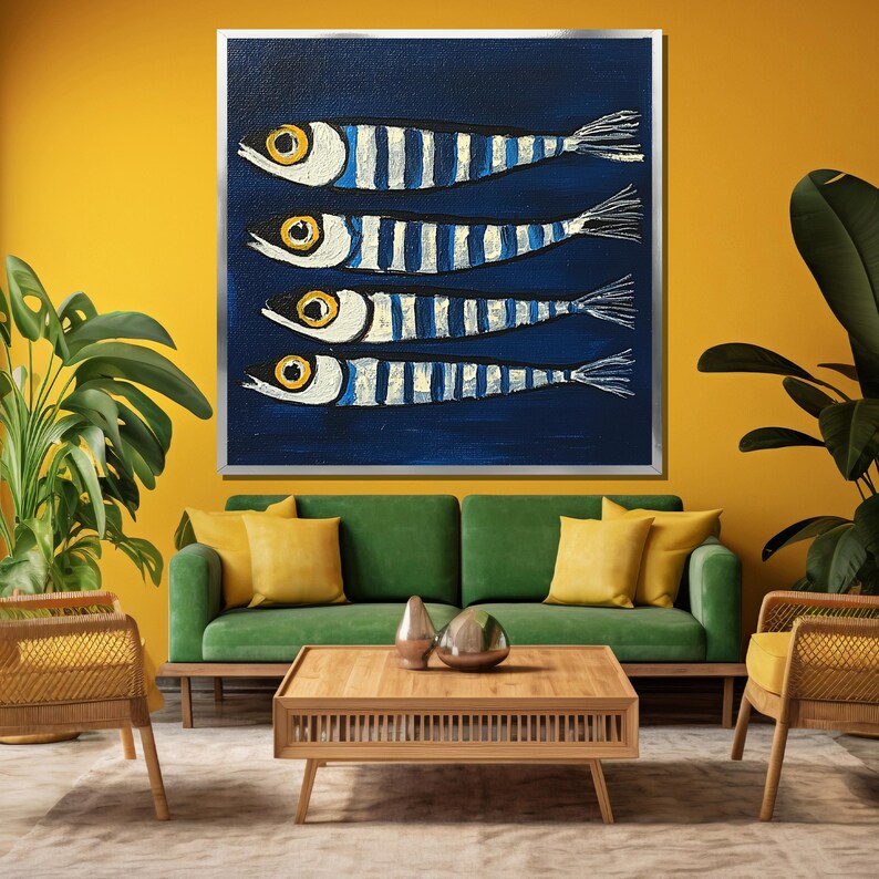 May include: A painting of four blue and white striped fish with yellow eyes on a dark blue background.