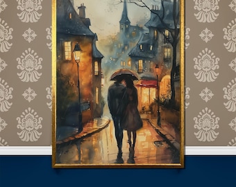 Charming Rainy Evening Canvas Painting, Couple Walking Under an Umbrella in a Quaint Village Street, Romantic Wall Art and Gift Idea