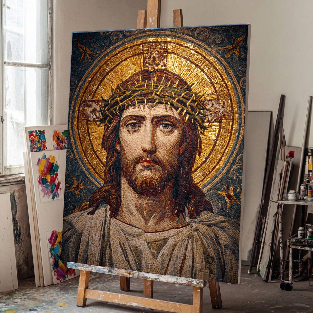 Mosaic Jesus Christ Portrait Canvas, Crown of Thorns Religious Wall Art ...