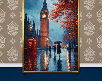 May include: A painting of Big Ben in London, England. The clock tower is lit up at night, and there are people walking in the street below. The street is wet from rain, and there are red umbrellas.