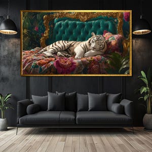 May include: A white tiger is lying on a luxurious, ornate couch with a teal velvet cushion. The couch is covered in a floral patterned fabric with pink, red, and green accents. The tiger is resting its head on a pillow and has its eyes closed.