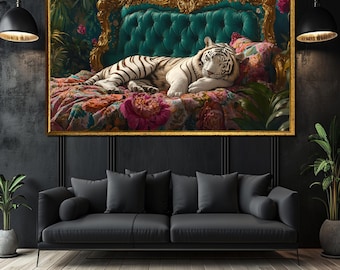 Luxury White Tiger Canvas Painting - Maximalist Exotic Animal Art, Opulent Floral Jungle Decor, Elegant Baroque Wall Art, Unique Gift