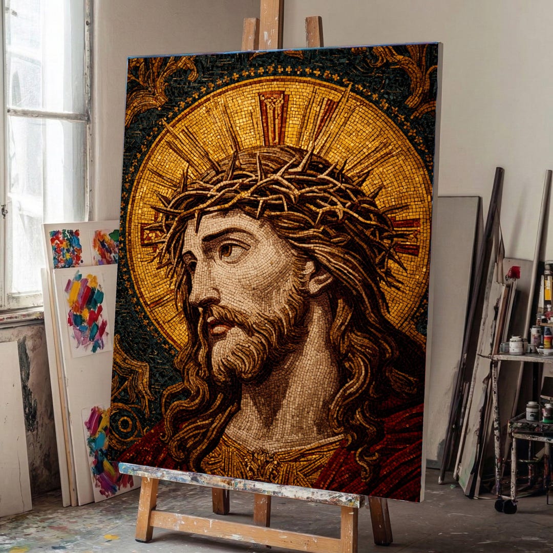 Mosaic Jesus Christ Portrait Canvas, Crown of Thorns Religious Wall Art ...