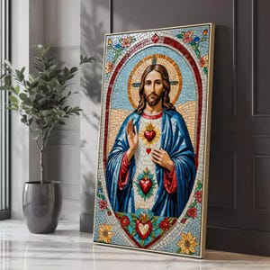 Sacred Heart of Jesus Mosaic Canvas Wall Art, Religious Christian Decor, Stained Glass Style, Spiritual Home Decoration, Inspirational