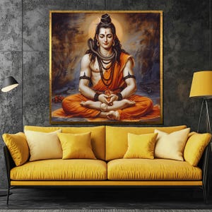 Lord Shiva Canvas Painting | Divine Meditation Art with Serene Orange Robes | Sacred Hindu Spiritual Wall Decor Gift