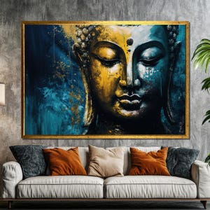 Elegant Buddha Canvas Painting | Golden and Blue Serenity Wall Art for Spiritual Home Decor | Ideal Meditation Gift for Zen Spaces