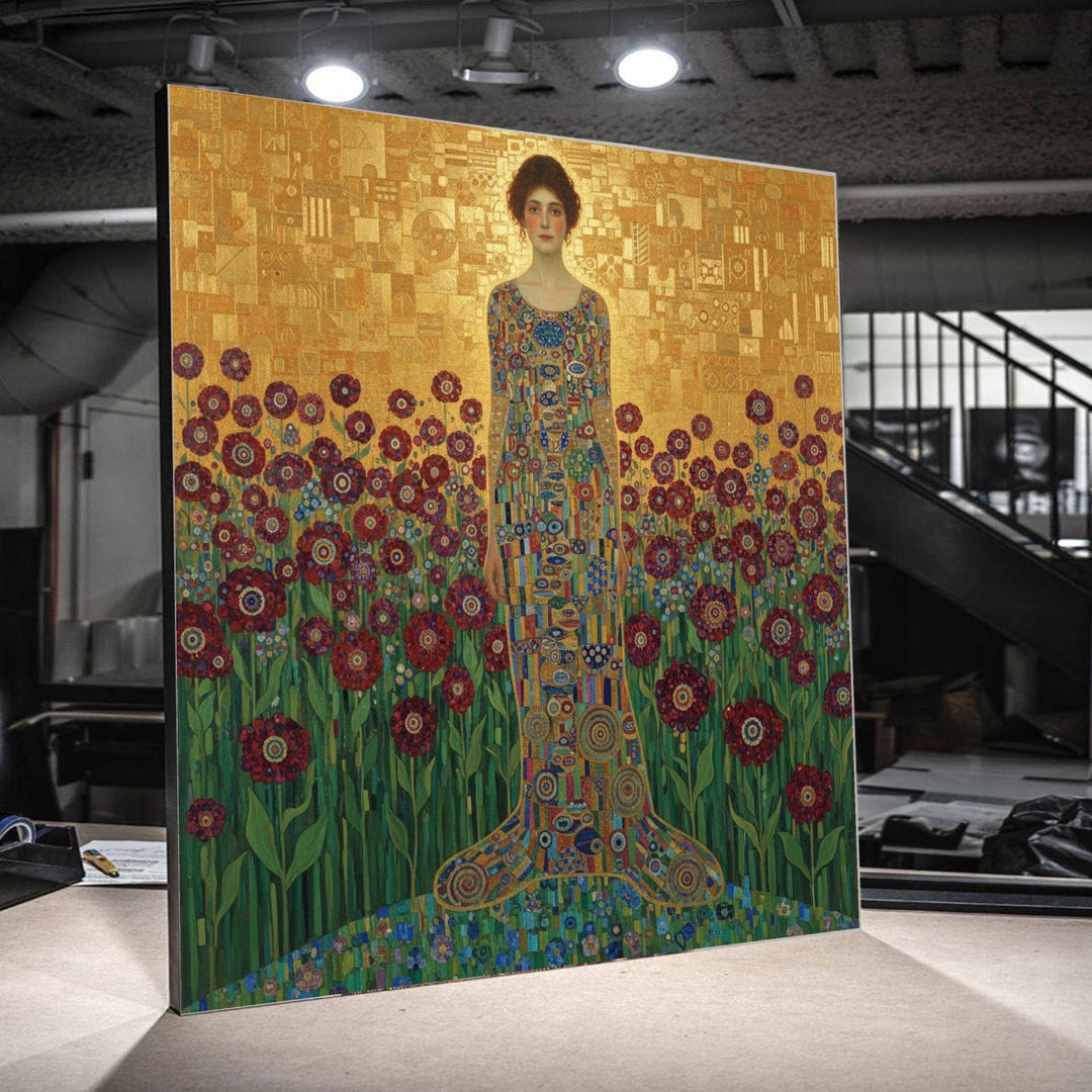 Gustav Klimt Woman in Flower Garden Canvas, Gold Background Portrait ...
