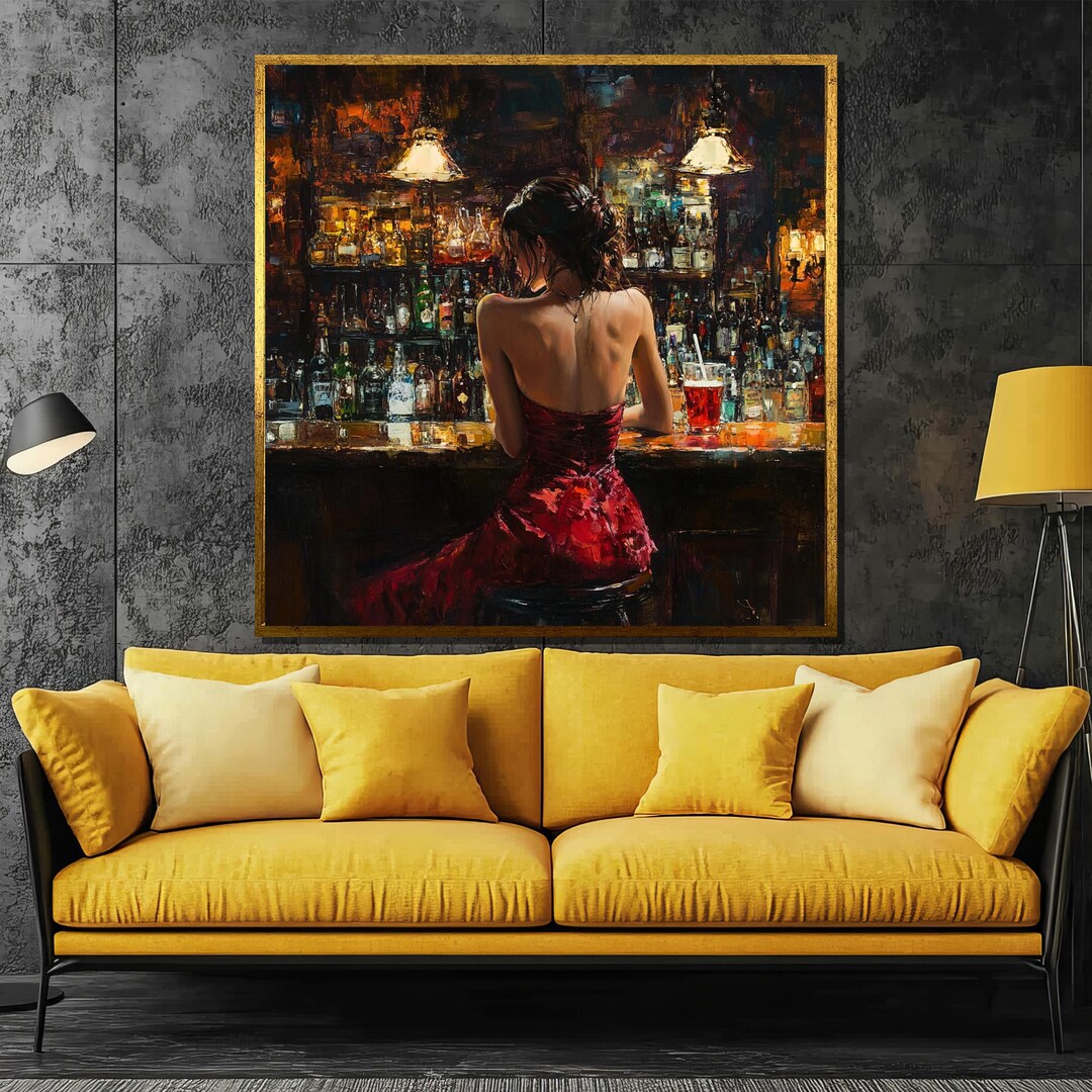Elegant Canvas Painting of Woman in Red Dress at the Bar,modern Art ...