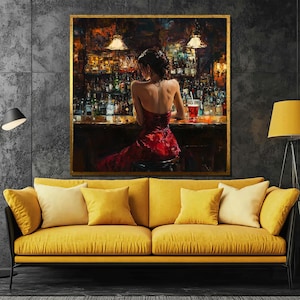 Elegant Canvas Painting of Woman in Red Dress at the Bar,Modern Art, Cocktail andNightlife Scene, Unique Wall Art Decor, Gift for Art Lovers