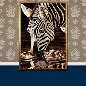 May include: A black and white zebra with brown stripes drinks from a pool of water. The zebra's head is bent down, and its reflection is visible in the water.