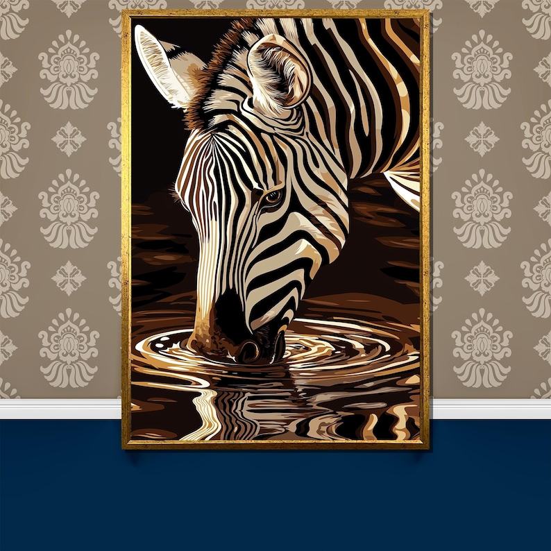 May include: A black and white zebra with brown stripes drinks from a pool of water. The zebra's head is bent down, and its reflection is visible in the water.