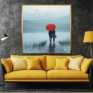 Romantic Couple with Red Umbrella Canvas Painting – Love Scene on Foggy Lake Pier with Birds in Minimalist Impressionist Style