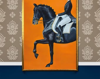 Elegant Equestrian Portrait Canvas Painting | Black Horse and Rider on Bold Orange Background | Sophisticated Wall Art Gift for Horse Lovers