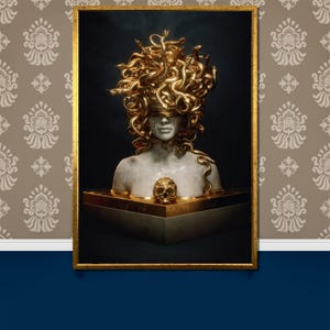 Pintura en lienzo de Medusa dorada: arte mural mítico de lujo para una decoración impactante y regalos únicos.