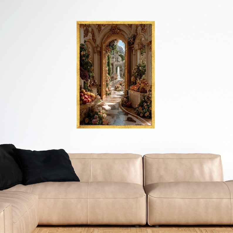Verzierte Gartentorbogen-Leinwand, luxuriöse Blumenkorridor-Wandkunst, eleganter barocker Innendruck, klassische Gartenweg-Leinwand, fertig zum Aufhängen Bild 3