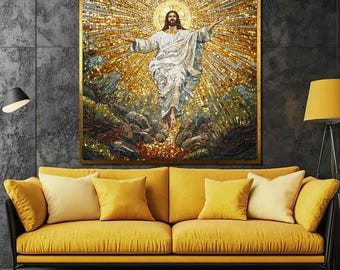 Stunning Full-Body Mosaic Artwork of Jesus Christ with Radiant Golden Halo and Mosaic Details, Premium Canvas Print