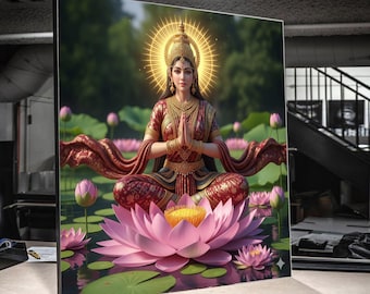 Divine Hindu Goddess Lakshmi Canvas Wall Art, Spiritual Lotus Meditation Art, Indian Mythology Decor, Sacred Feminine Energy, Ready to Hang